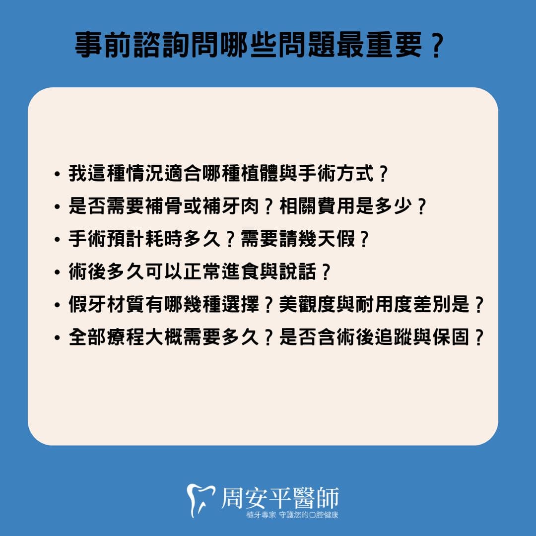 植牙費用一顆多少?植體材質到補助方案全面解析 3 事前諮詢問哪些問題最重要?